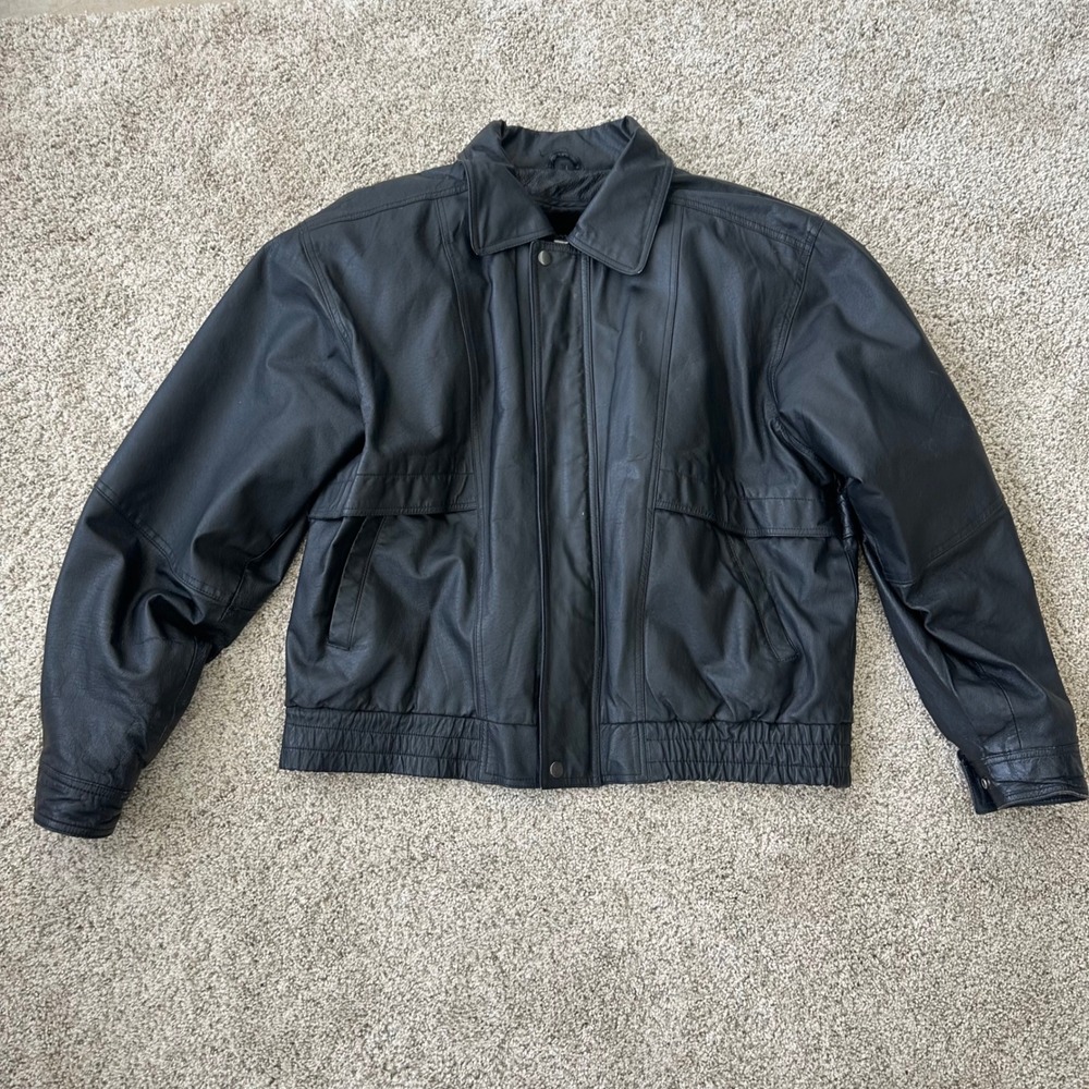 American leather men's large black bomber jacket coat removeable faux fur lining